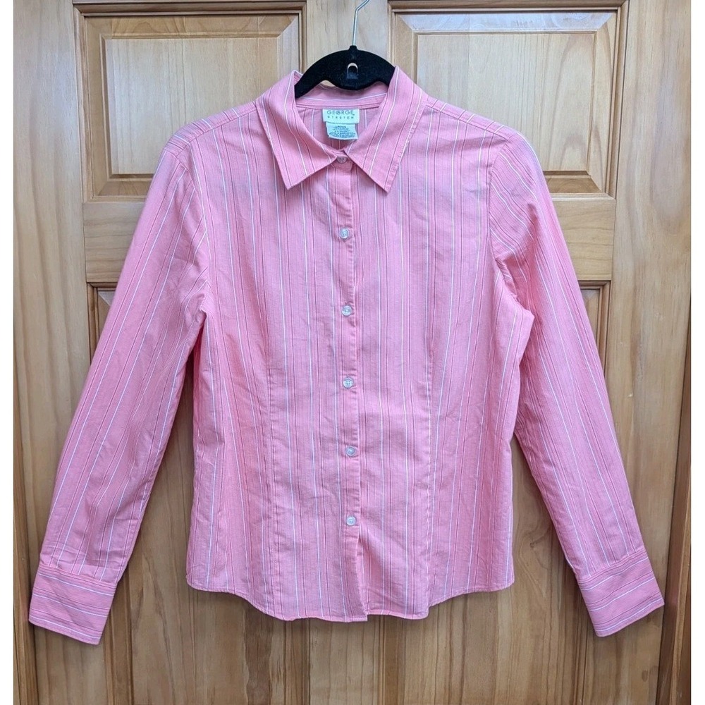 George Ladies 8/10 Medium Blouse Orange Striped Button-Down Front Spandex